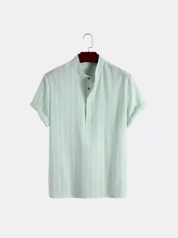 Camicia da Uomo Estiva Casual a Righe Manica Corta in Misto Cotone Collo alla Coreana Pullover Moda Vestibilità Larga Traspirante Camicia Smart Casual