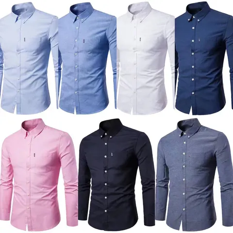 Camisa Oxford Ajustada de Manga Larga para Hombre Casual Sin Planchado con Cuello de Botones Mezcla de Algodón Color Sólido Business