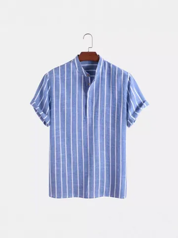 Camicia da Uomo Estiva Casual a Righe Manica Corta in Misto Cotone Collo alla Coreana Pullover Moda Vestibilità Larga Traspirante Camicia Smart Casual