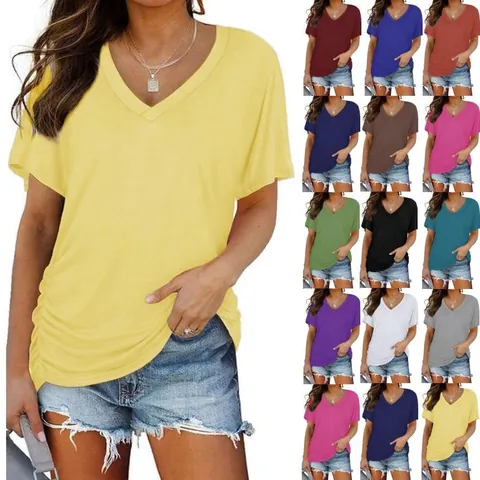 Women Cotton Casual V-Neck Short Sleeve T-Shirt Solid Color Ruched Side Loose Summer Fashion Top