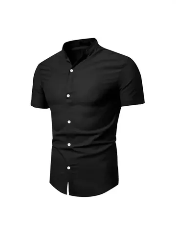 Camisa Casual para Hombre Color Sólido Manga Corta Cuello Mandarín Botones Verano Poliéster sin Plancha Corte Regular