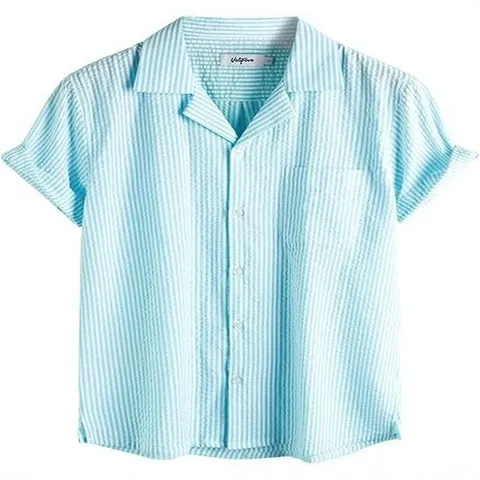 Camisa de Rayas de Manga Corta para Hombre Mezcla de Algodón Poliéster Seersucker Cuello Cubano Casual con Botones Playa Top Verano