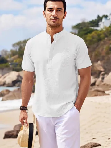Camisa Henley de Punto de Gofre para Hombre Cuello Mao Manga Corta Poliéster Top Casual de Verano Playa Vacaciones