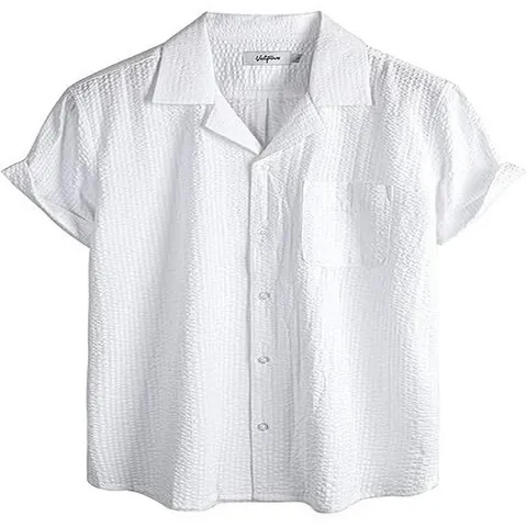 Camisa de Rayas de Manga Corta para Hombre Mezcla de Algodón Poliéster Seersucker Cuello Cubano Casual con Botones Playa Top Verano