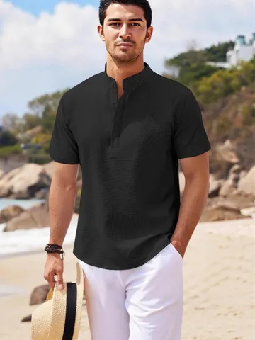 Camisa Henley de Punto de Gofre para Hombre Cuello Mao Manga Corta Poliéster Top Casual de Verano Playa Vacaciones