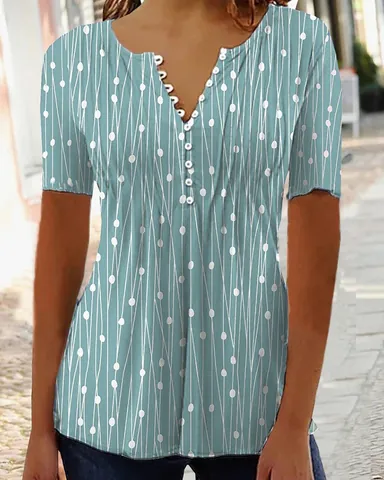 Women's V-Neck Geometric Print Blouse With Buttons Casual Polyester Soft Satin Short Sleeve Top Office Fashion Shirt