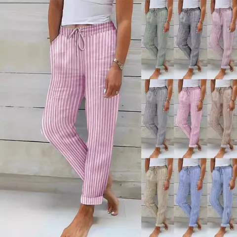 Γυναικείο Casual Παντελόνι από Βαμβάκι και Λινό Ριγέ Φαρδιά Ελαστική Μέση με Κορδόνι και Τσέπες για Καθημερινή Χρήση