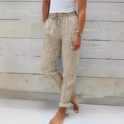 Γυναικείο Casual Παντελόνι από Βαμβάκι και Λινό Ριγέ Φαρδιά Ελαστική Μέση με Κορδόνι και Τσέπες για Καθημερινή Χρήση
