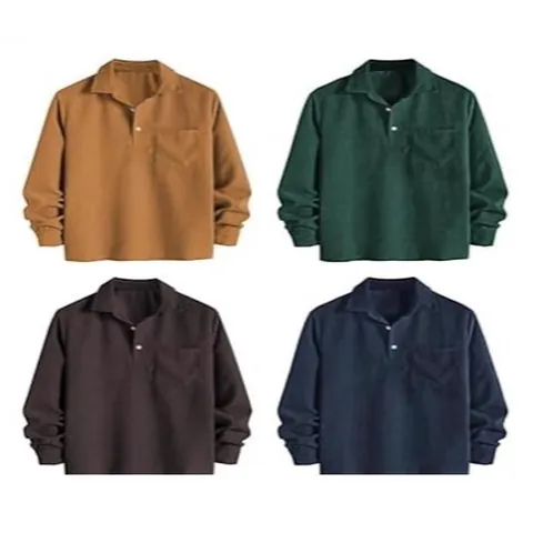Top Pullover de Pana de Poliéster Vintage para Hombre Manga Larga Color Sólido Camisa de Solapa Con Bolsillo Ropa Casual Hombre