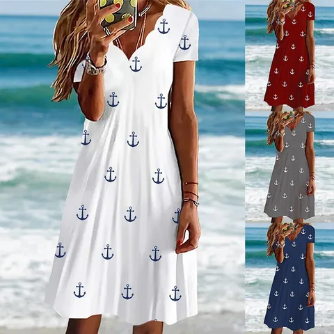 Women's Casual Summer Scalloped V-Neck Dress Polyester Anchor Print Slim Fit Short Sleeve Midi Dress For Beach Vacation