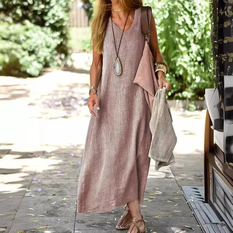 Women's Plus Size V-Neck Sleeveless Cotton Maxi Dress Casual Solid Color A-Line Summer Bohemian Fashion Long Dress For Lady