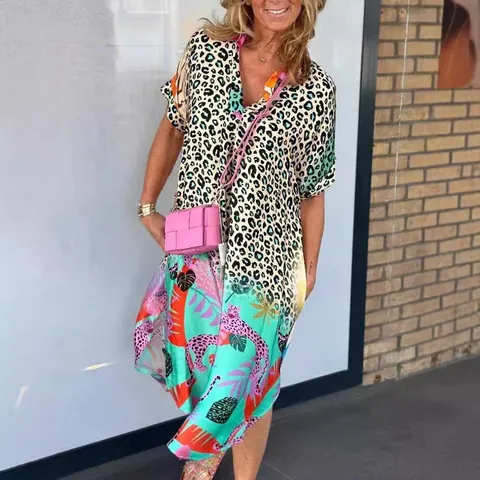 Women V Neck Leopard Tropical Print Patchwork Maxi Dress Bohemian Short Sleeve Loose Casual Summer Beach Vacation Dress