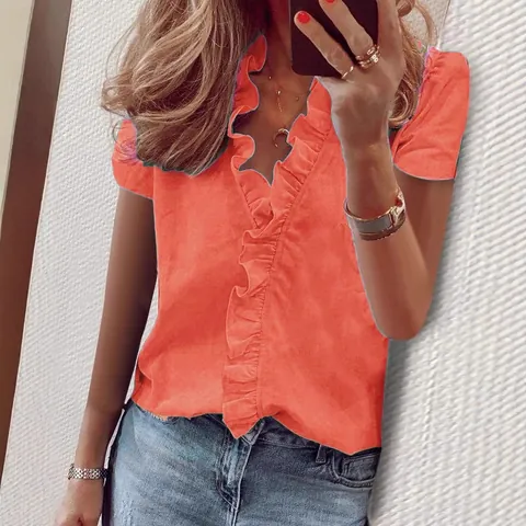 Blusa Elegante Con Volantes para Mujer Cuello en V Manga Corta Color Sólido Mezcla de Poliéster Spandex Estilo Casual Top