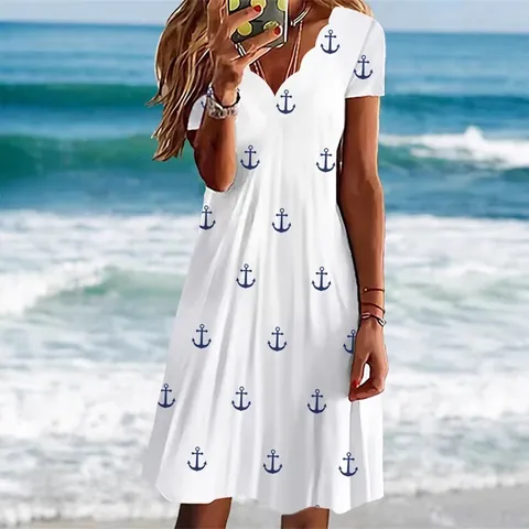 Women's Casual Summer Scalloped V-Neck Dress Polyester Anchor Print Slim Fit Short Sleeve Midi Dress For Beach Vacation