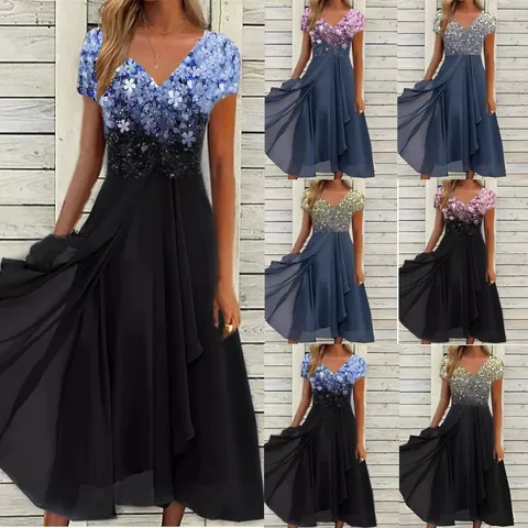 Women Casual V-Neck Chiffon Patchwork Dress Short Sleeve Floral Print A-Line Midi Dress Summer Fashion Elegant Sundress