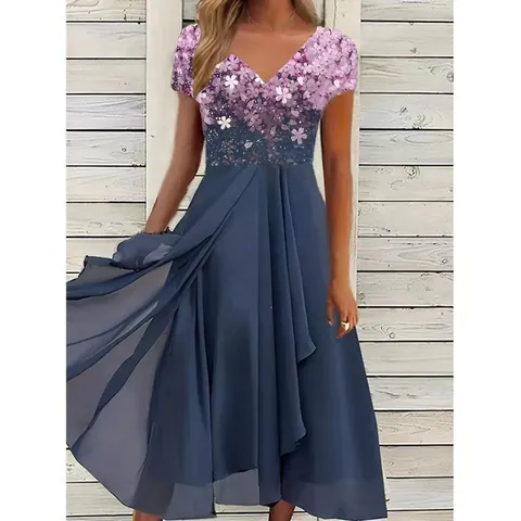 Women Casual V-Neck Chiffon Patchwork Dress Short Sleeve Floral Print A-Line Midi Dress Summer Fashion Elegant Sundress