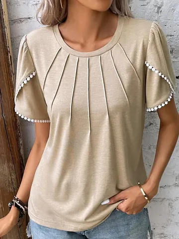Women Casual Round Neck Pleated T-Shirt Polyester Short Petal Sleeve Top With Pom Pom Lace Trim Summer Fashion Tee