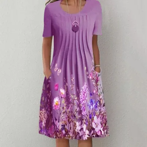Polyester Floral Butterfly Print Midi Dress With Pockets Elegant Round Neck Short Sleeve Gathered Pullover Summer Sundress For Women
