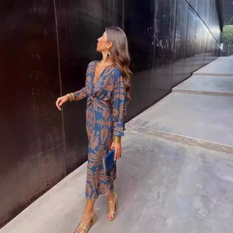 Robe Midi Vintage pour Femmes Imprimé Floral Col en V Manches Trois-Quarts Style Urbain Tissé Polyester Top And Bottom