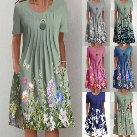 Polyester Floral Butterfly Print Midi Dress With Pockets Elegant Round Neck Short Sleeve Gathered Pullover Summer Sundress For Women