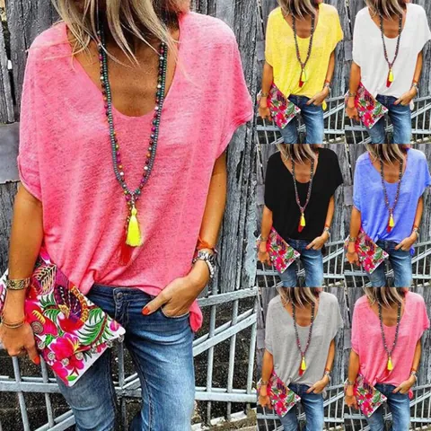 Women V Neck Short Sleeve T-Shirt Loose Fit Casual Candy Color Cotton Blend Summer Top Basic Solid Color Tee S-6XL