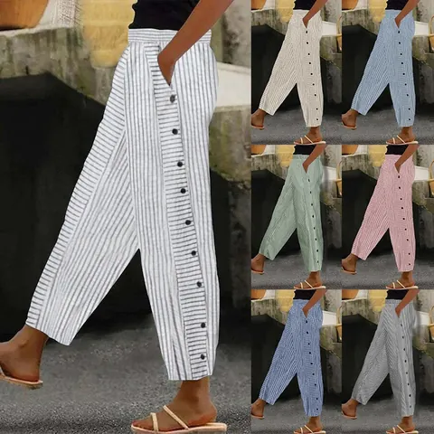 Pantalones Tobilleros de Rayas de Talle Alto para Mujer Pantalones Casuales de Algodón con Detalles de Botones Laterales