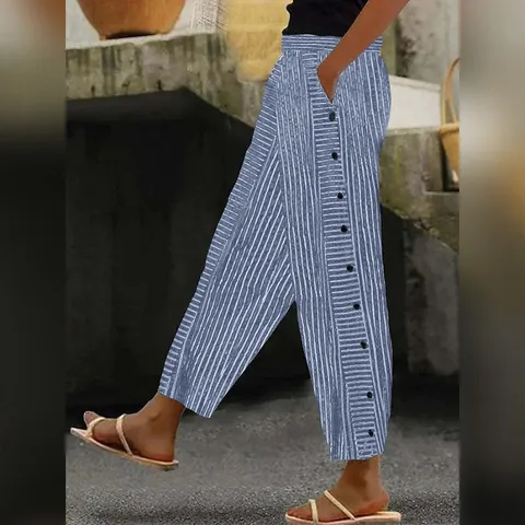 Pantalones Tobilleros de Rayas de Talle Alto para Mujer Pantalones Casuales de Algodón con Detalles de Botones Laterales