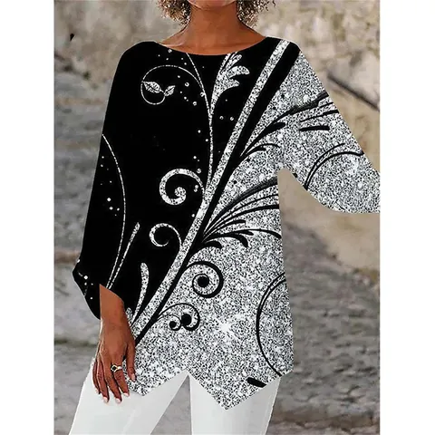 Camiseta de Mujer Casual con Estampado de Mariposa Geométrico Manga Larga Cuello Redondo Dobladillo Asimétrico Top de Talla Grande Primavera Verano