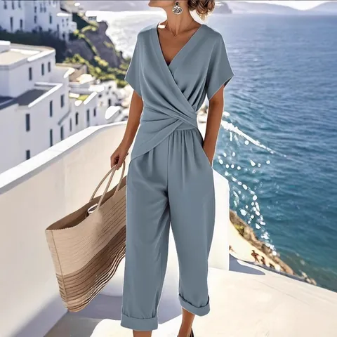 Ensemble Haut Et Pantalon Femme Été Décontracté Couleur Unie Irrégulier Manches Courtes Col En V Élégant Polyester