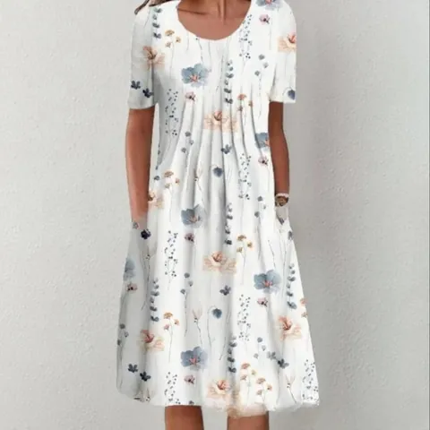 Women Fashion Printed V-Neck Short Sleeve Maxi Dress Polyester Plus Size Casual Loose Streetwear Dress With Pocket For Summer