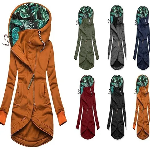 Chaqueta con Capucha y Cremallera para Mujer Color Sólido Sudadera de Manga Larga con Forro Estampado Tropical Dobladillo Asimétrico