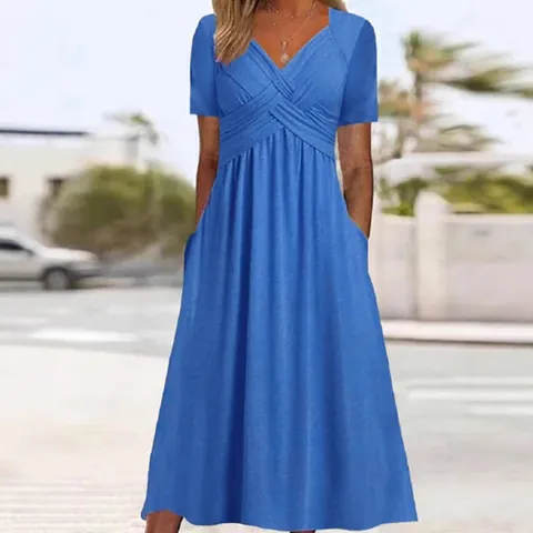 Women's Elegant V-Neck Short Sleeve Maxi Dress With Pockets Solid Color Pleated Design Casual Loose Pullover Long Dress For Ladies