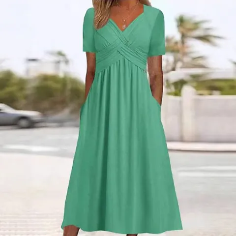 Women's Elegant V-Neck Short Sleeve Maxi Dress With Pockets Solid Color Pleated Design Casual Loose Pullover Long Dress For Ladies