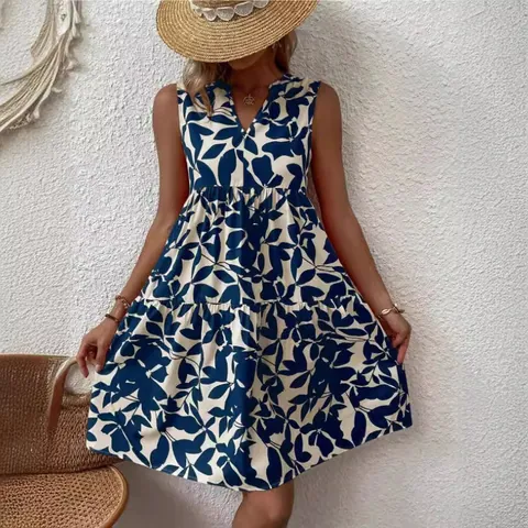 Women's Bohemian V-Neck Sleeveless Floral Leaf Print Dress Casual Pleated Tiered Midi Dress For Summer Vacation Beach