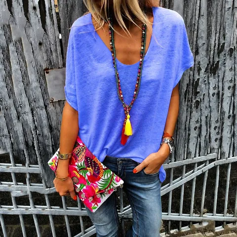 Women V Neck Short Sleeve T-Shirt Loose Fit Casual Candy Color Cotton Blend Summer Top Basic Solid Color Tee S-6XL