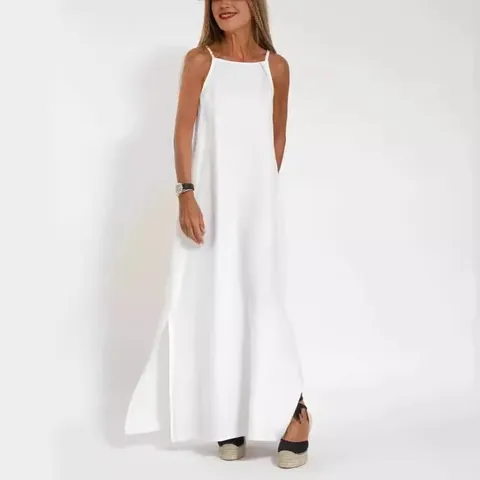 Women's Vintage Cotton Linen Maxi Dress Sleeveless Spaghetti Strap Side Slit Casual Loose Beach Retro Long Dress