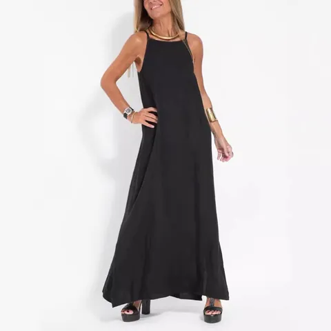 Women's Vintage Cotton Linen Maxi Dress Sleeveless Spaghetti Strap Side Slit Casual Loose Beach Retro Long Dress