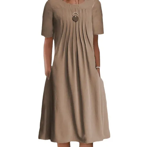 Women's Casual Solid Color Round Neck Short Sleeve Pleated Midi Dress With Pockets Polyester Summer Pullover Straight Dress