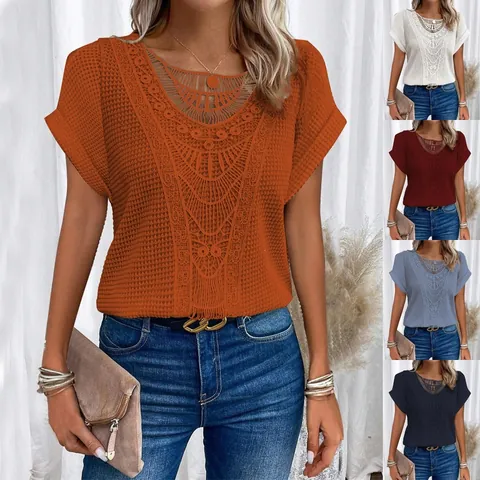 Women's Summer Casual Hollow Lace Patchwork Short Sleeve T-Shirt Solid Color Loose Embroidered Tunic Top