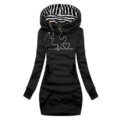 Women's Slim Fit Mid-Length Hoodie Dress Heart Printed Striped Lining Hooded Sweatshirt With Pockets Casual Long Sleeve Top