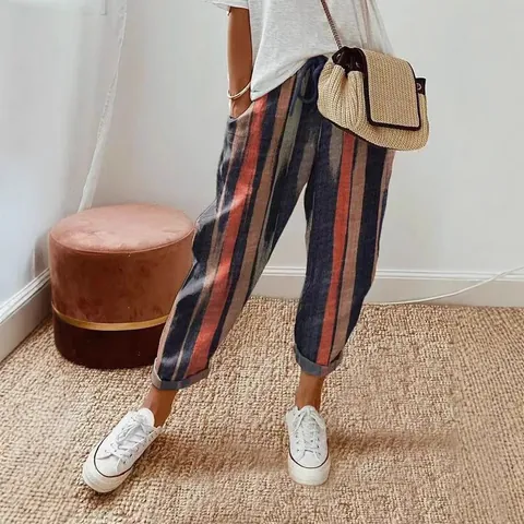 Women Boho Printed Casual Pants Polyester Spandex Elastic Waist Loose Trousers With Pockets Vintage Holiday Bottom