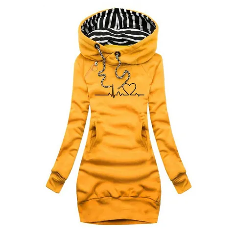 Women's Slim Fit Mid-Length Hoodie Dress Heart Printed Striped Lining Hooded Sweatshirt With Pockets Casual Long Sleeve Top