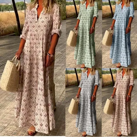 Vestido Maxi Bohemio Vintage para Mujer Cuello en V Manga Larga Poliéster Estampado de Hojas Falda Escalonada Casual Ropa de Vacaciones Cómoda