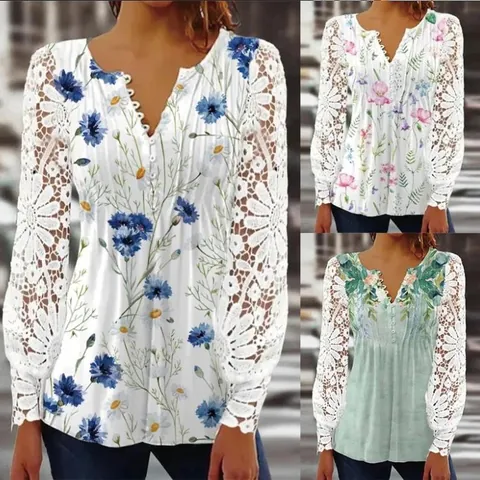 Camiseta de Manga Larga para Mujer con Cuello en V y Patchwork de Encaje Estampado Floral Botones Decorativos Top de Moda Casual para Primavera Verano