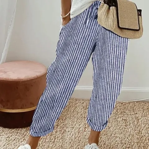 Women Summer Casual Striped Pants Elastic Waist Drawstring Loose Trousers High Waist Vertical Striped Bottoms Beach Holiday Daily Wear