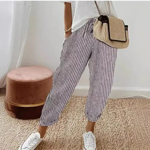 Women Summer Casual Striped Pants Elastic Waist Drawstring Loose Trousers High Waist Vertical Striped Bottoms Beach Holiday Daily Wear