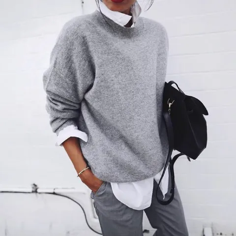 Women Autumn Winter Knit Pullover Sweatshirt Loose Round Neck Long Sleeve Casual Top Solid Color Layered Style Outerwear