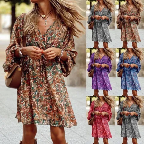 Bohemian Paisley Print V Neck Midi Dress For Women Summer Casual Loose Flared Sleeve Vintage Boho Vacation Beach Dresses