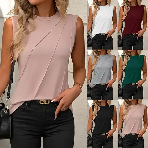 Women's Casual Sleeveless Polyester Tank Top Summer Round Neck Pleated Solid Color Loose Vest Streetwear Fashion T-Shirt For Ladies