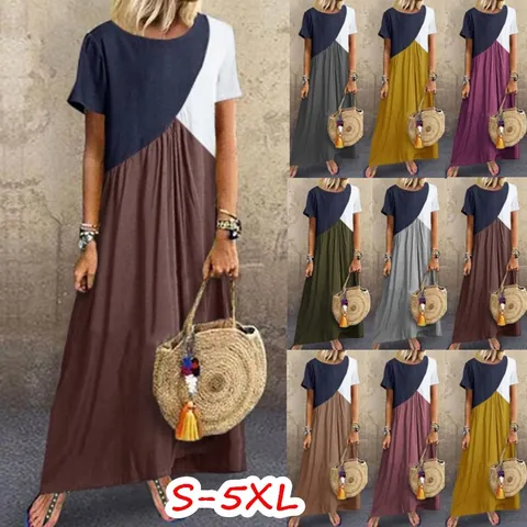 Women Geometric Patchwork Maxi Dress Casual Round Neck Short Sleeve Summer Beach Party Loose Fit Bohemian Style Polyester Dress